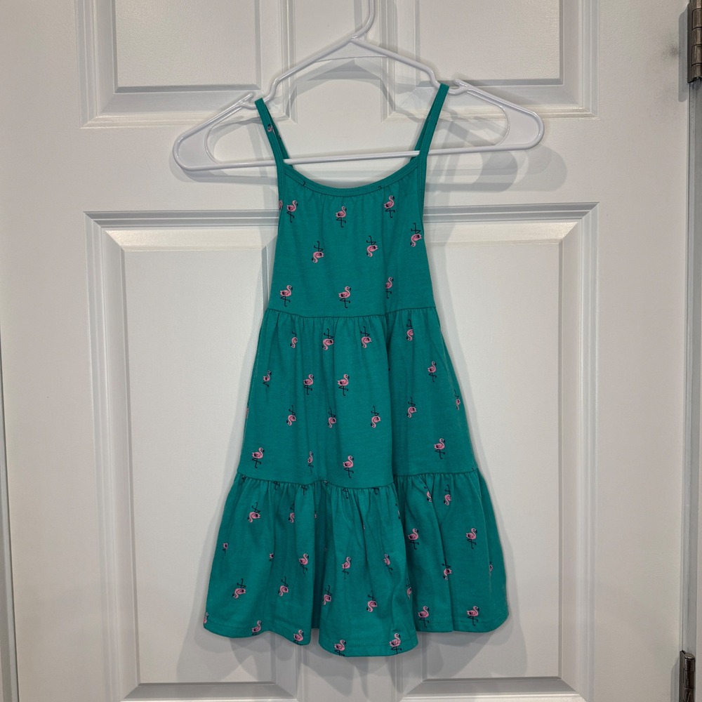 Cat & Jack Girls Teal‎ Green Flamingo Print Tiered Cross Back Sundress Size 5T